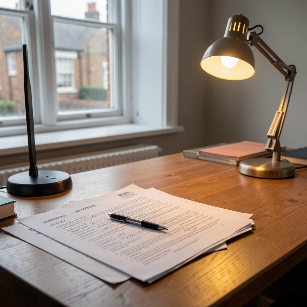 Editorial desk in Nottingham with marked-up research papers, a pen and a warm desk lamp