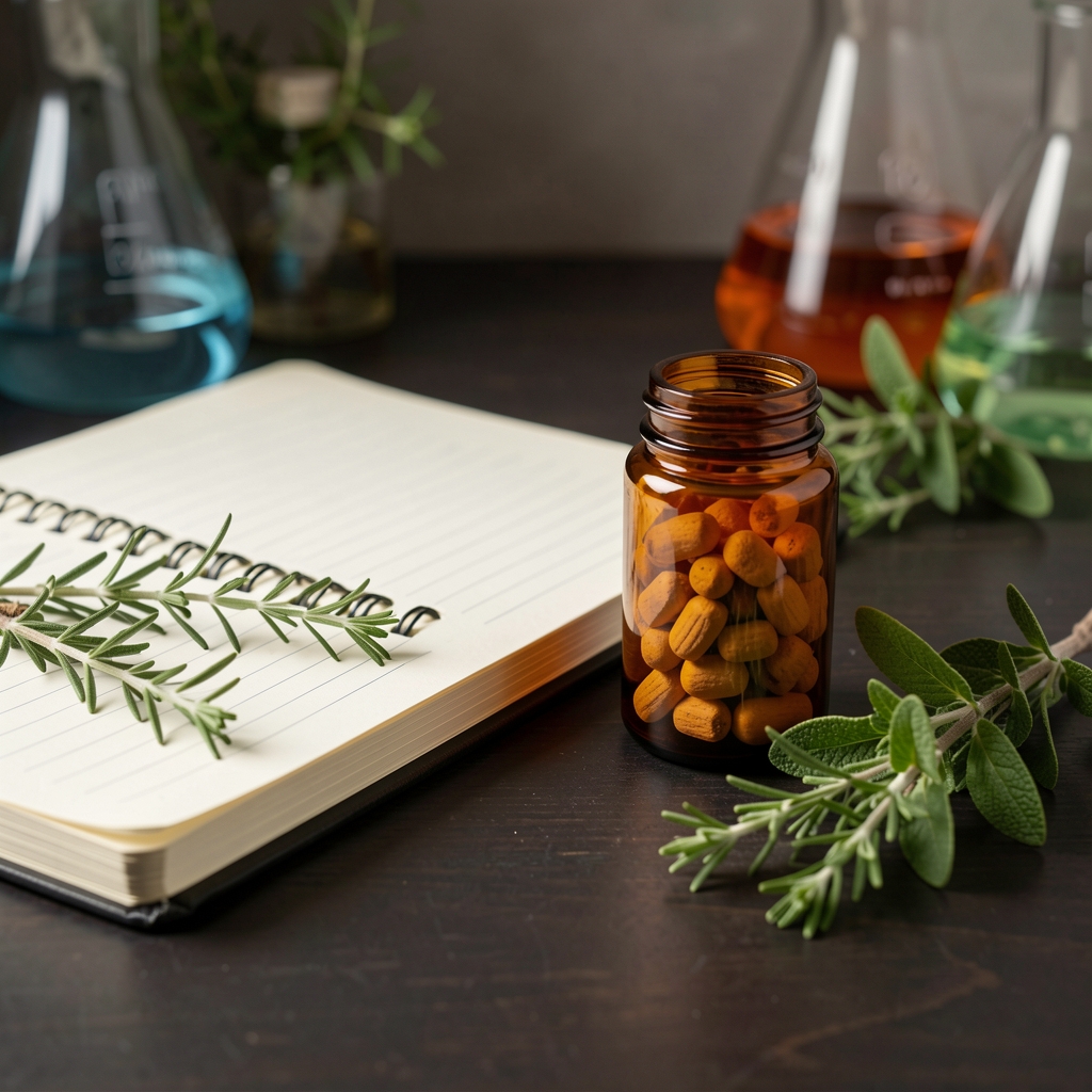 Small amber supplement jar beside a chemistry notebook and fresh herbs on a dark editorial desk
