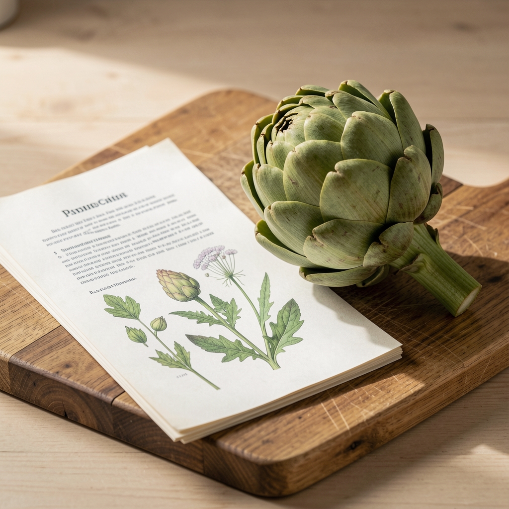 Fresh artichoke beside a botanical research paper and wooden kitchen board