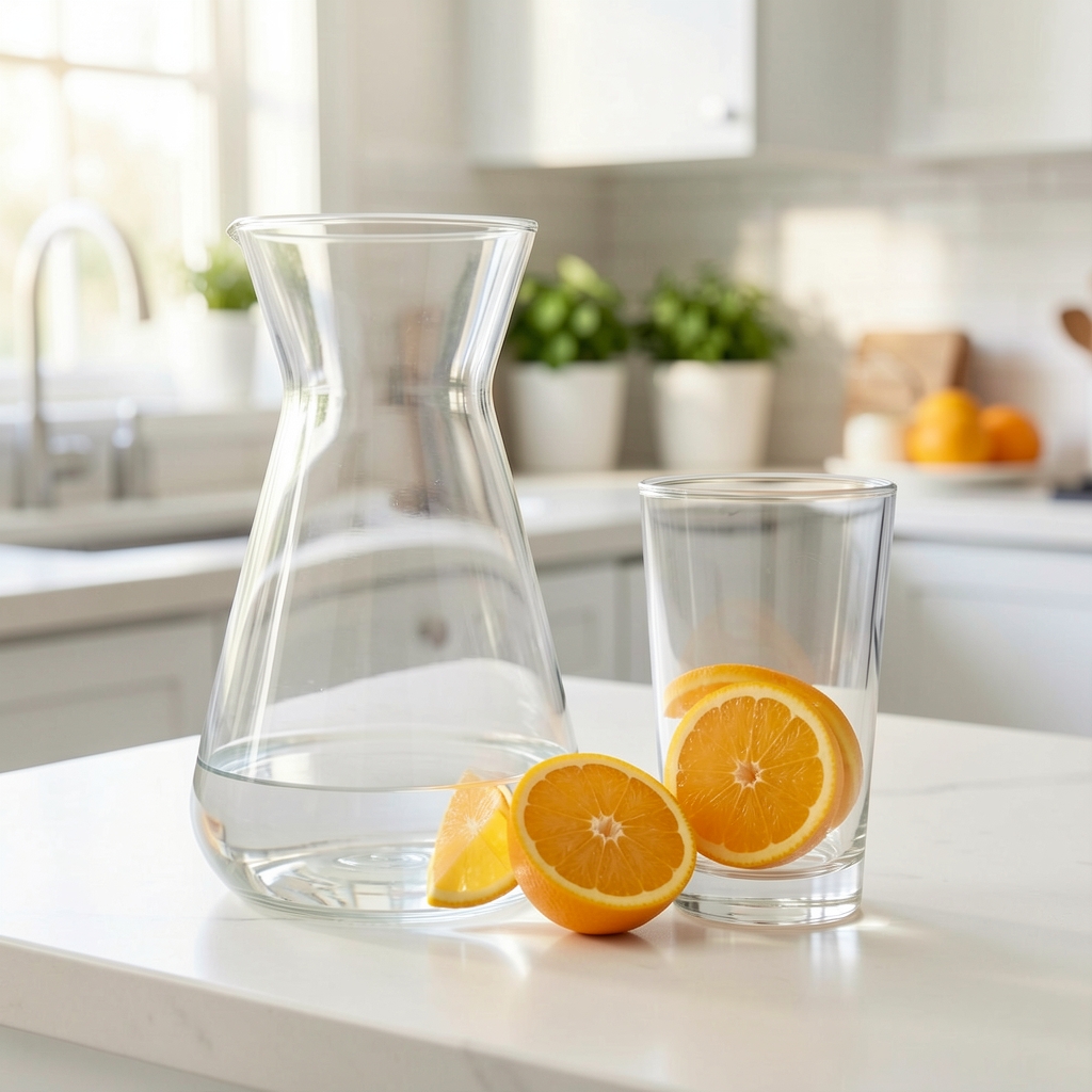 Clear glass carafe and tumbler beside citrus slices in a bright kitchen setting