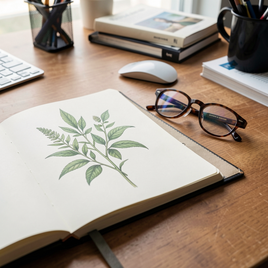 Open notebook beside a botanical illustration and reading glasses on an editorial desk