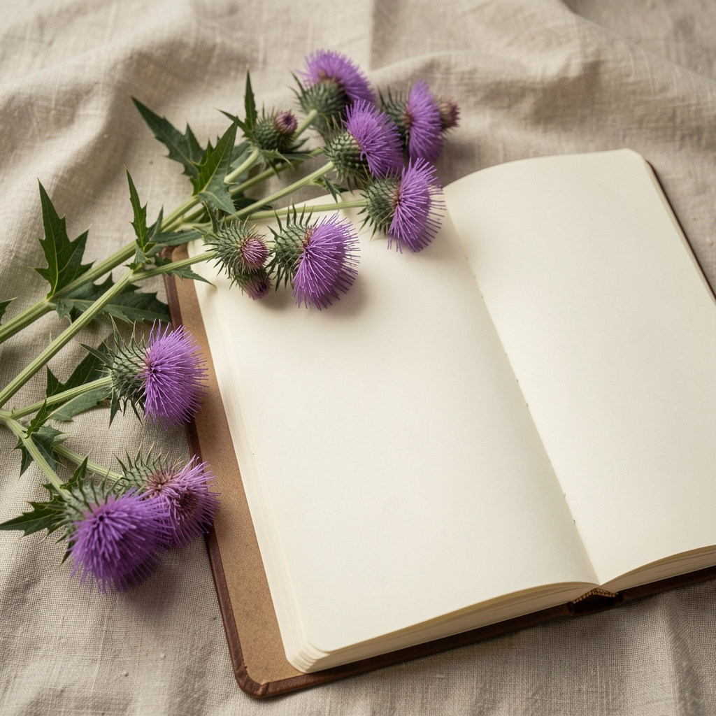 Milk thistle stems and purple flowers arranged beside an open research notebook on linen
