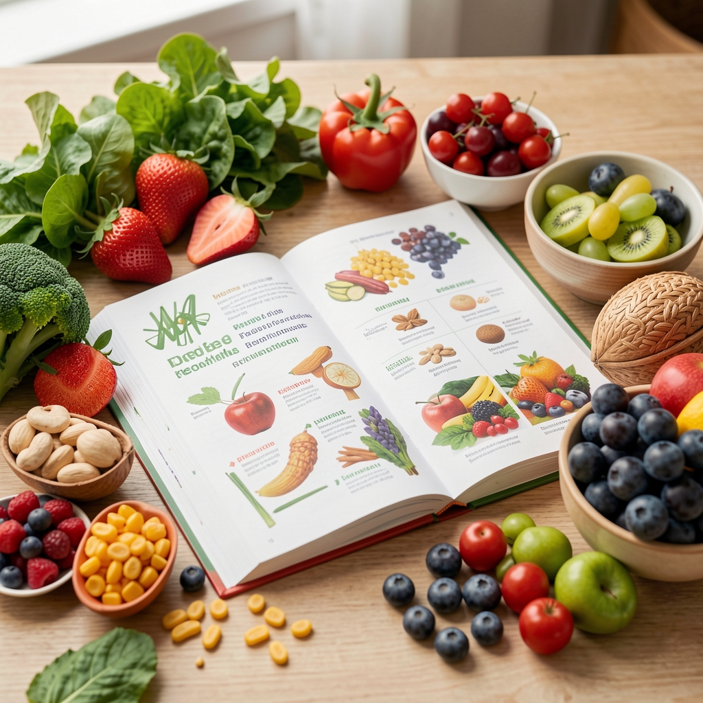 Colourful whole foods rich in B vitamins arranged around a nutrition reference book