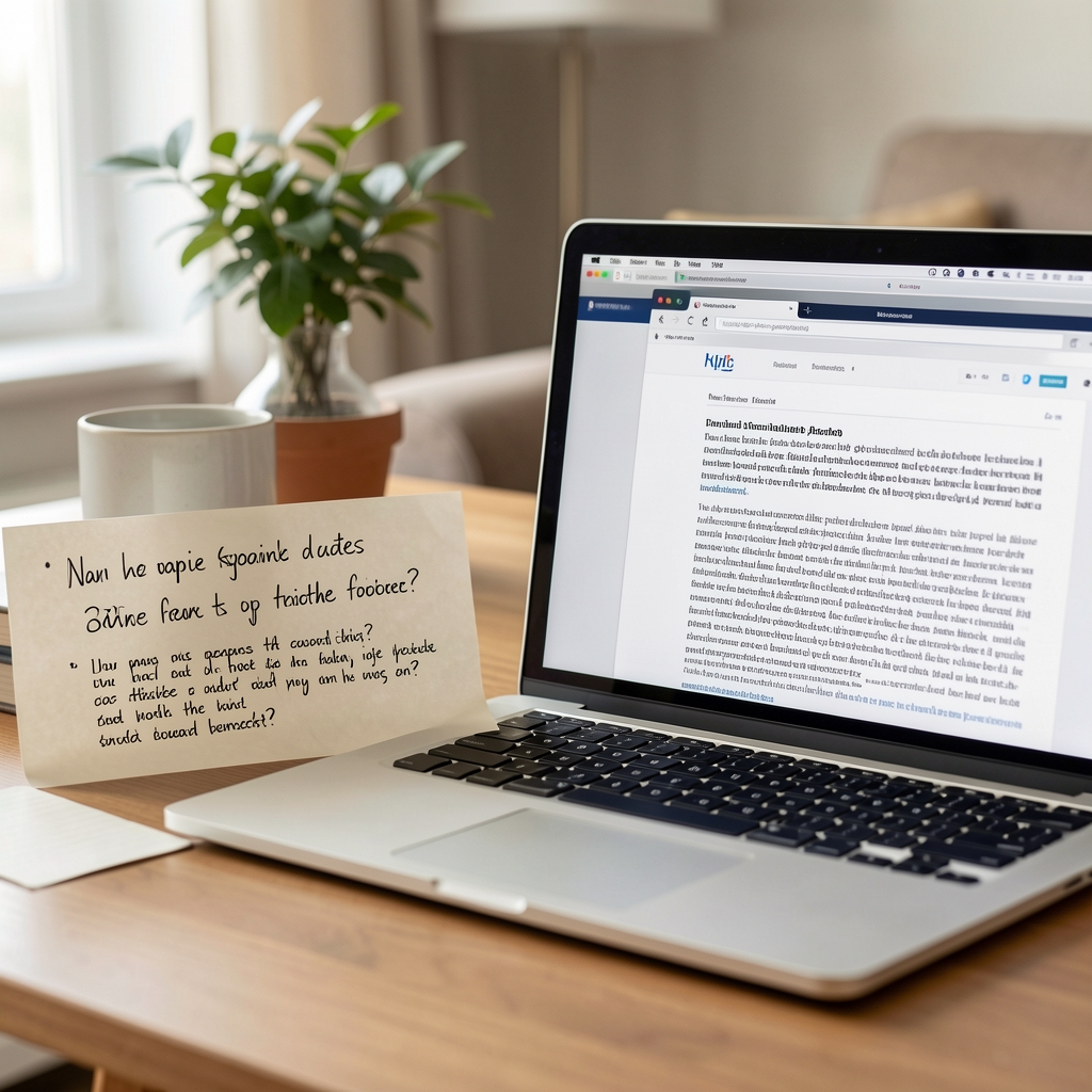 Close view of handwritten questions beside a laptop displaying a research article in a calm home workspace
