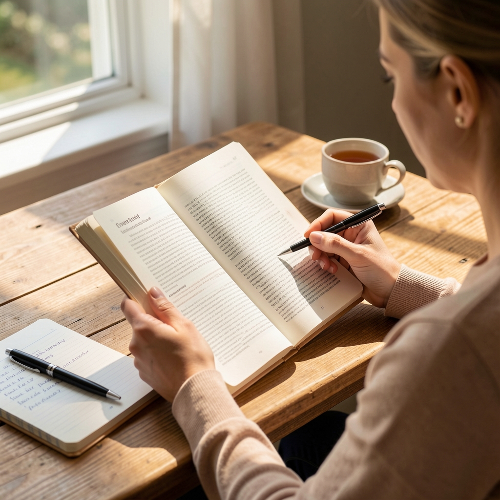 Person reading a health journal at a sunlit wooden table with notes and a cup of tea