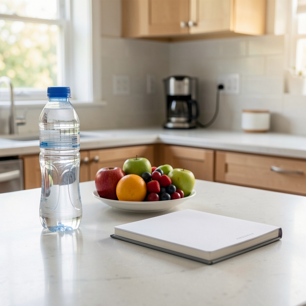 Organised morning routine with water, fresh fruit and a neatly folded notebook on a kitchen counter