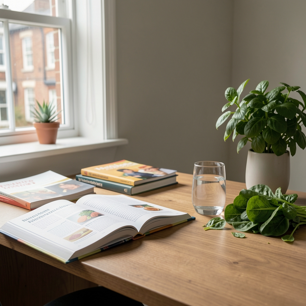 Quiet modern Nottingham study with open nutrition books, a glass of water and leafy green ingredients