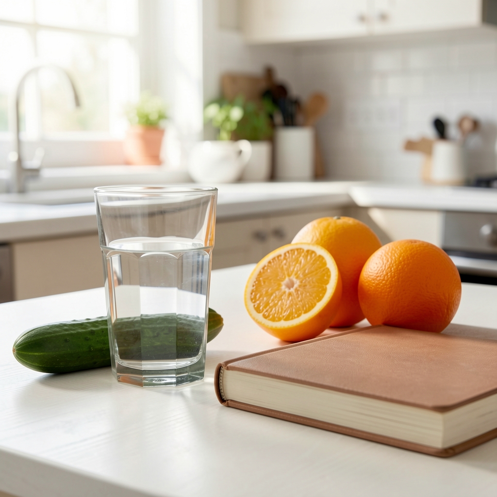 Clear glass of water beside cucumber, citrus and a journal on a bright kitchen table