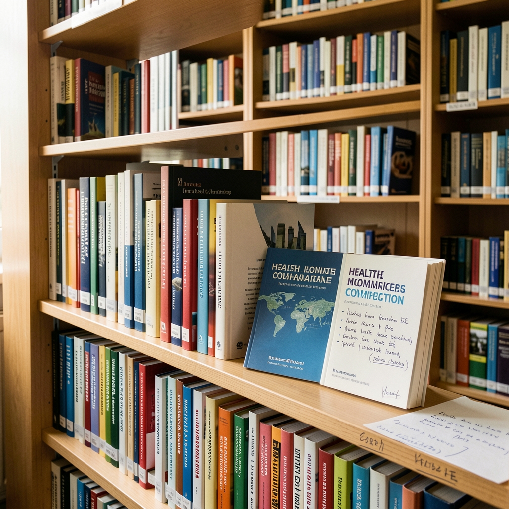 Well-lit reference library with health communication books and handwritten editorial notes