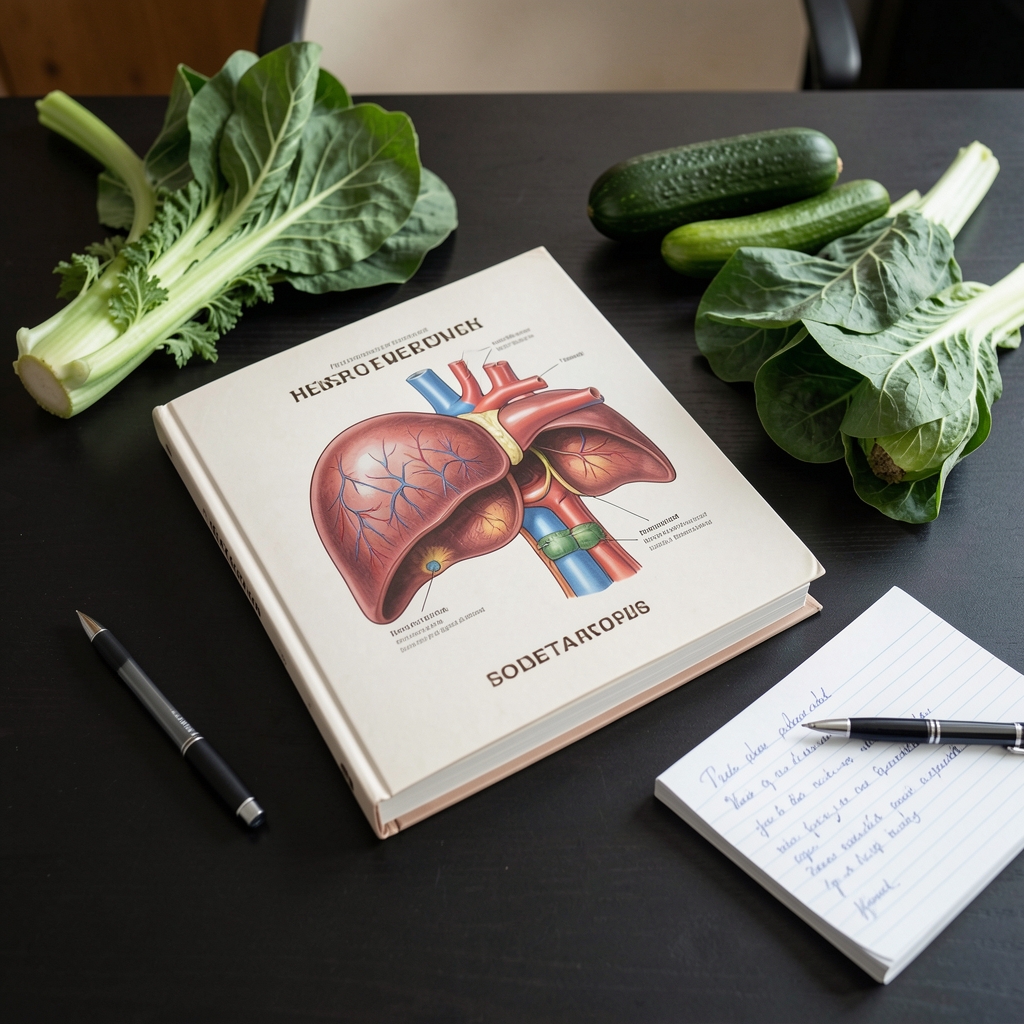 Editorial still life of a liver anatomy book, green vegetables and reading notes on a dark desk