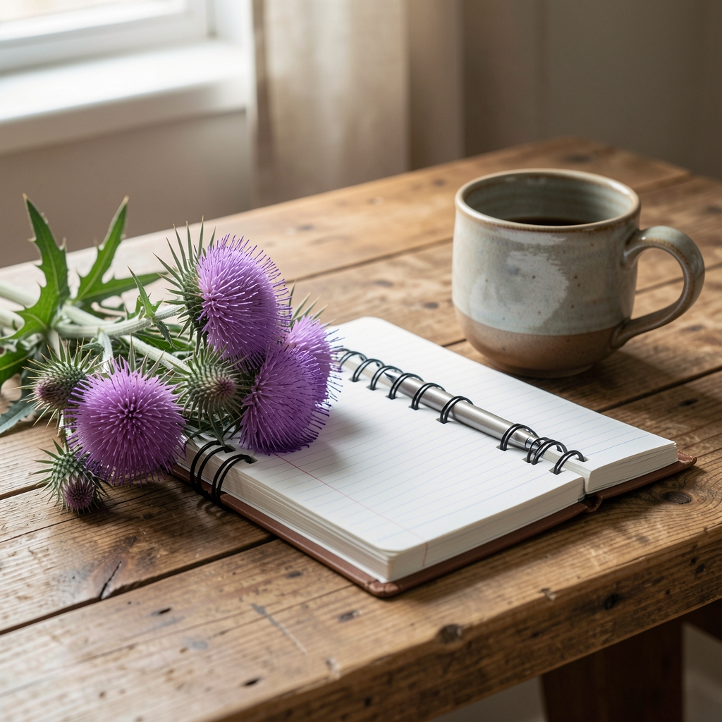Purple milk thistle flowers arranged beside a research notebook and ceramic cup on a natural desk